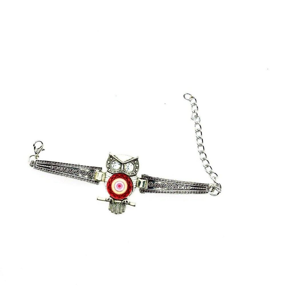 Boho Owl Rhinestone Silver-Tone Bracelet
